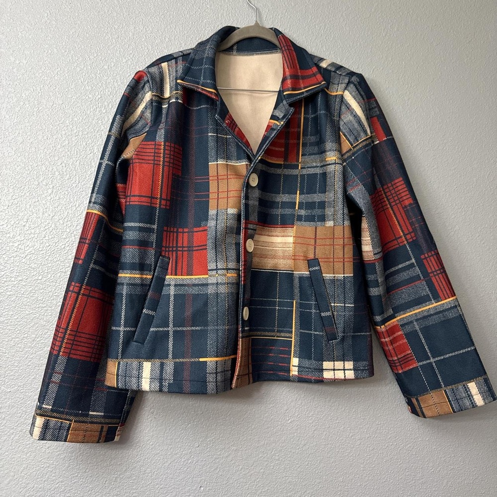 Women Short Plaid Jacket Crop Woo Blazer Pea Coat Crop Winter Outwear